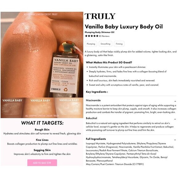 NIB Truly Vanilla Baby Luxury Body Oil Nourishing Antiaging Glistening Shimmer - Picture 5 of 12